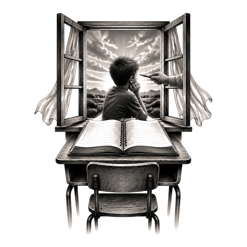 A school desk beneath an open window, with a boy’s notebook transforming into the silhouette of a Scania truck on the horizon.
