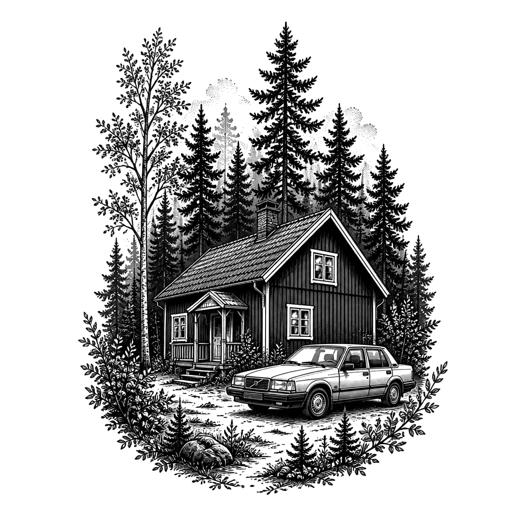 A forest with a house thats typical from swedens Wood and a Volvo 740 next to the house