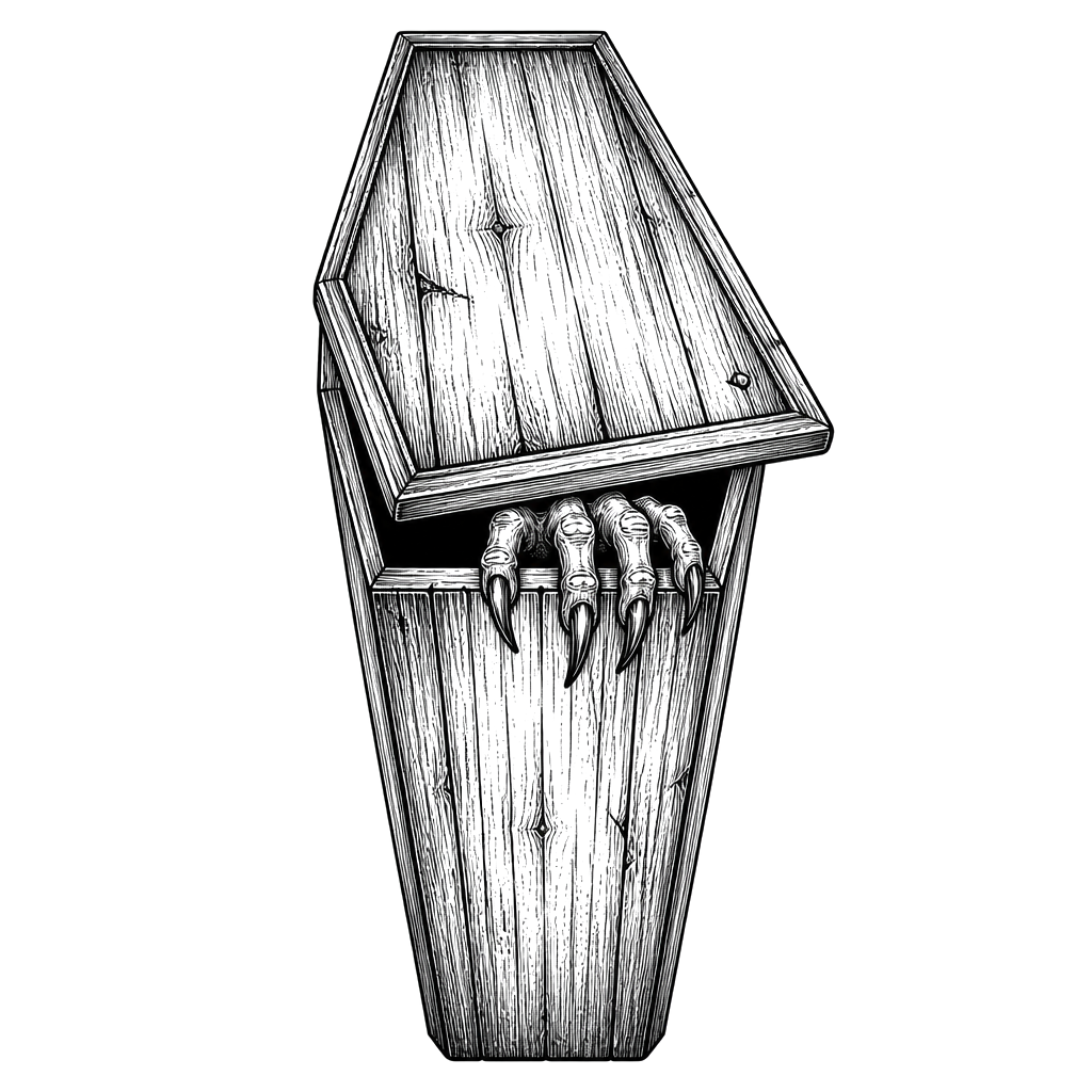 A coffin lid sliding open with clawed fingers curling over the edge
