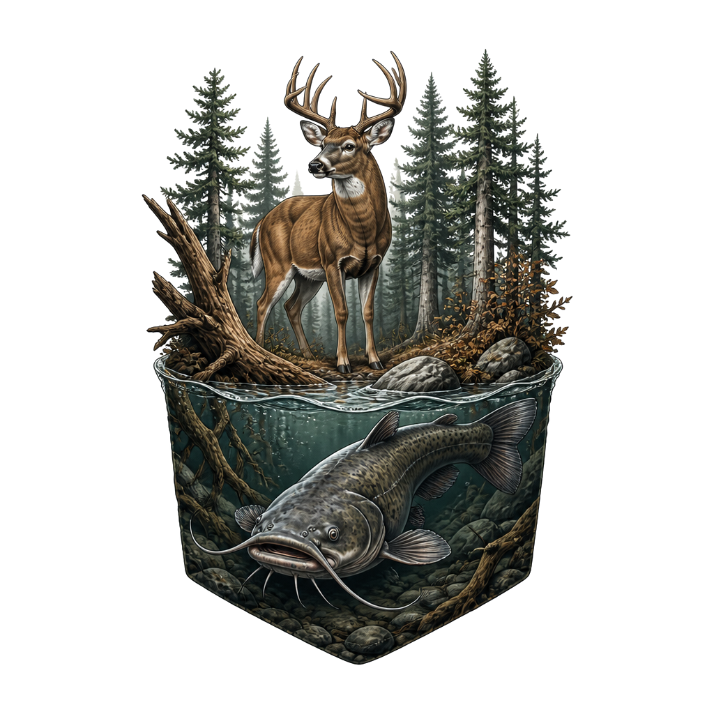 Deer in woods with catfish on wrangler pocket