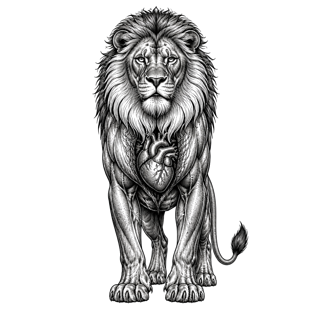 A male lion with heart beating showing with white mane color in under the mouth area. The full body of the lion with muscles