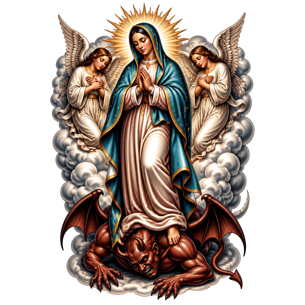 Real Bible picture of the Virgin Mary. Standing on b the devil. With angels watching over her