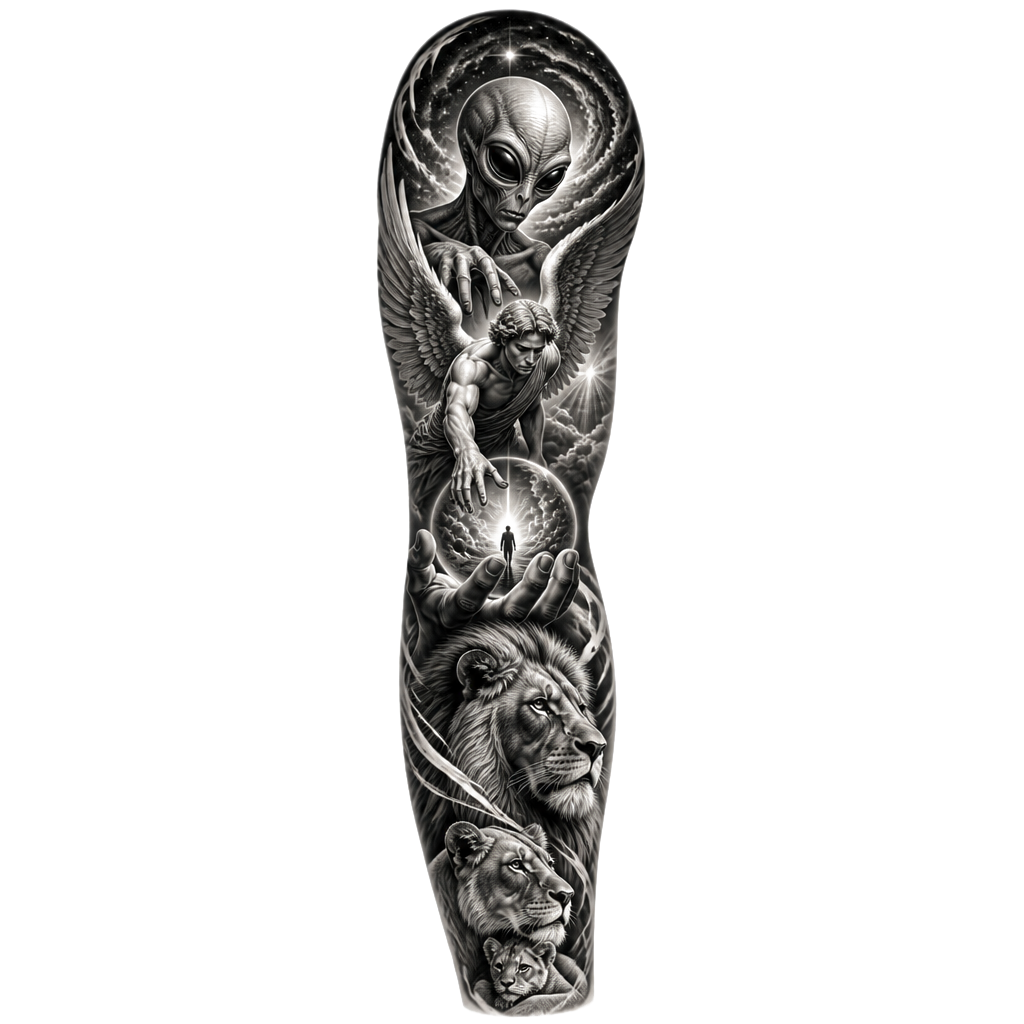 Sleeve tattoo with Dominic an alien angels trust over everything lions