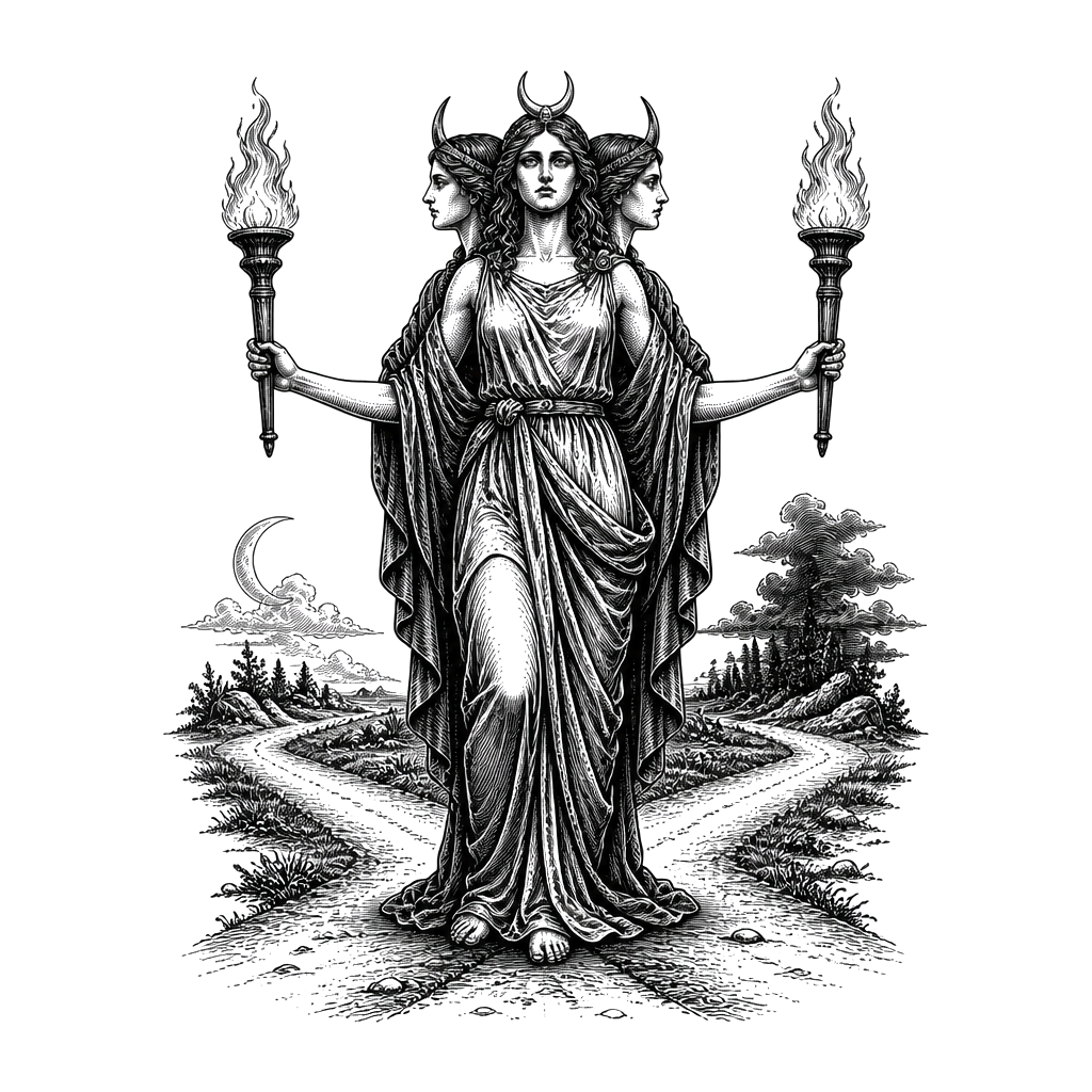 Hecate holding twin torches at a crossroads