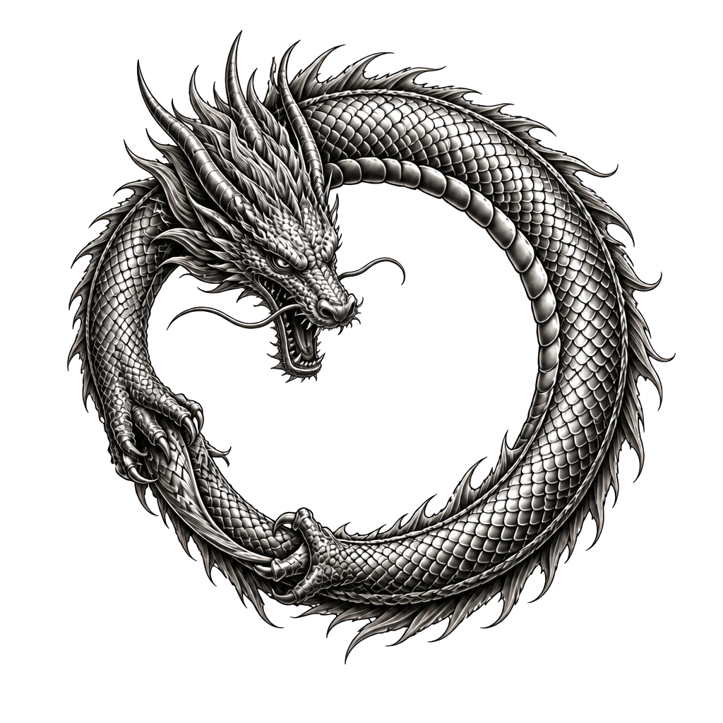 A coiled dragon forming an unbroken circle, its tail held gently in its claws, with a small open space at the center symbolizing inner strength.