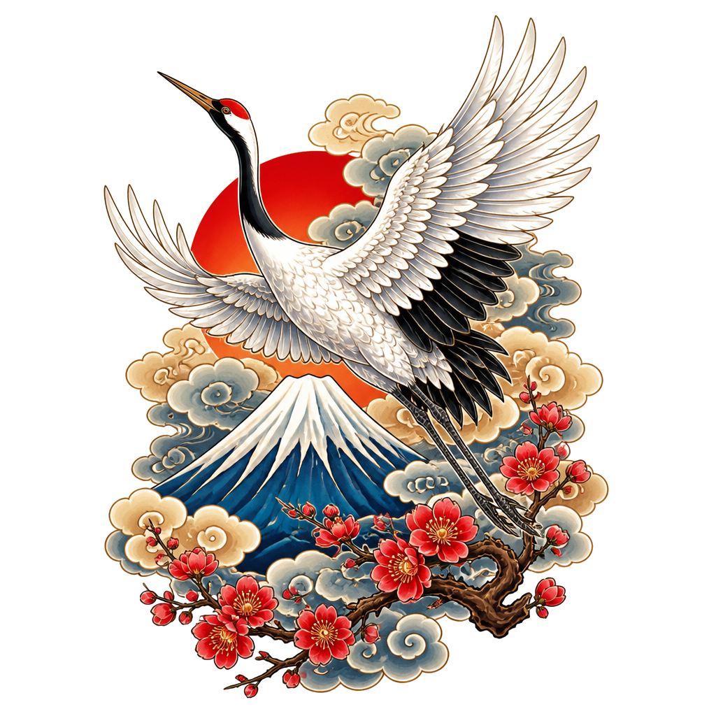 A crane taking flight over Mount Fuji