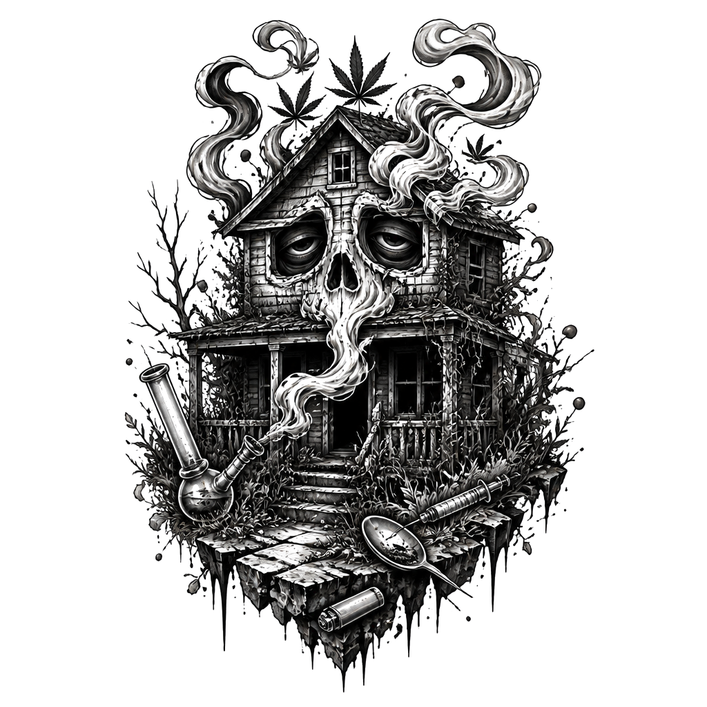 An abandoned house exhaling curling weed smoke, with scattered drug paraphernalia subtly embedded in the overgrown, deserted surroundings.