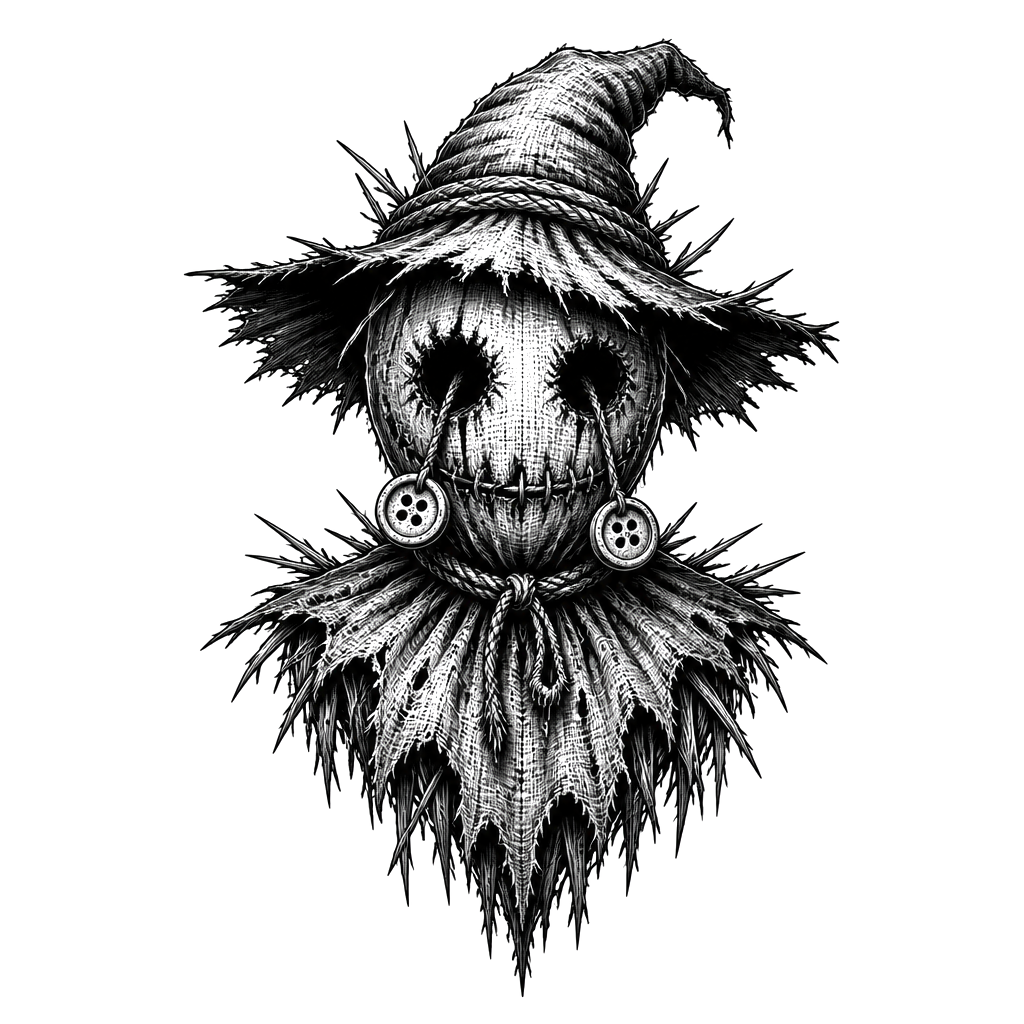 A scarecrow whose button eyes have come loose