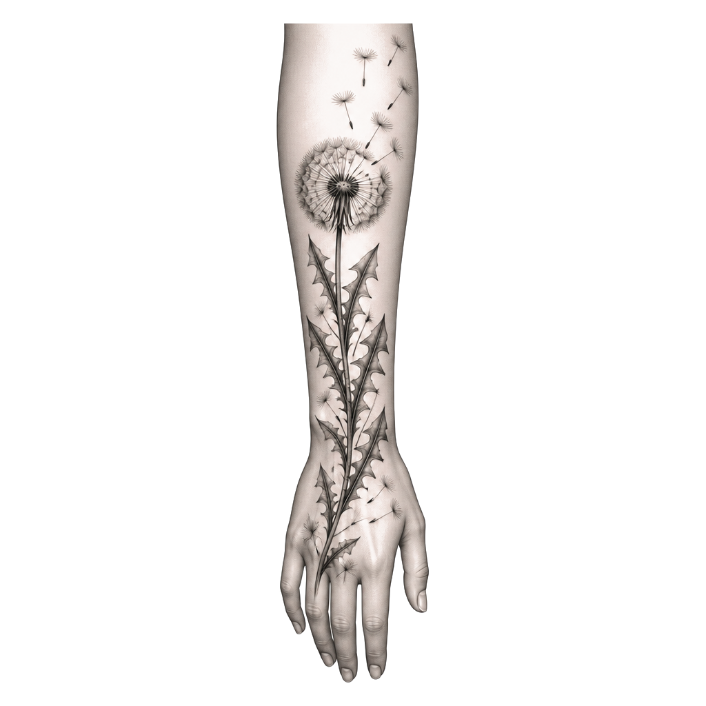 A dandelion tattoo on my forearm and hand