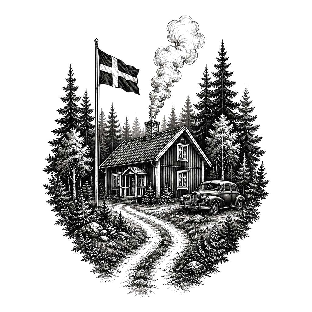 A forest with a house thats typical from swedens Wood and a old car next to the house and a flagpole with swedish flag and smoke coming from the chimney and a road coming the house