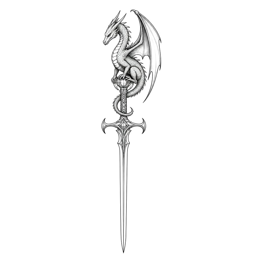 A dragon perched on the hilt of a slender sword