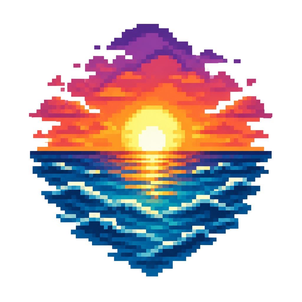 A sunset over a blocky ocean