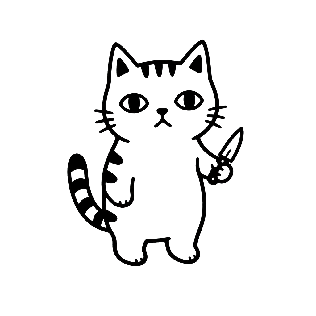 A naive cat holding a tiny knife
