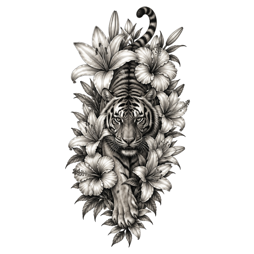 I have a lily flowers tattoo on my shoulder too almost my elbow and I want to put lilys and hibiscus flowers on my elbow and arm and I want a tiger coming through the flowers