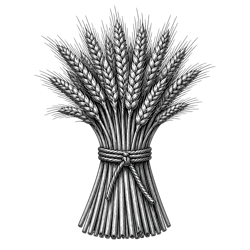 A wheat sheaf tied with twine, plate-hatched