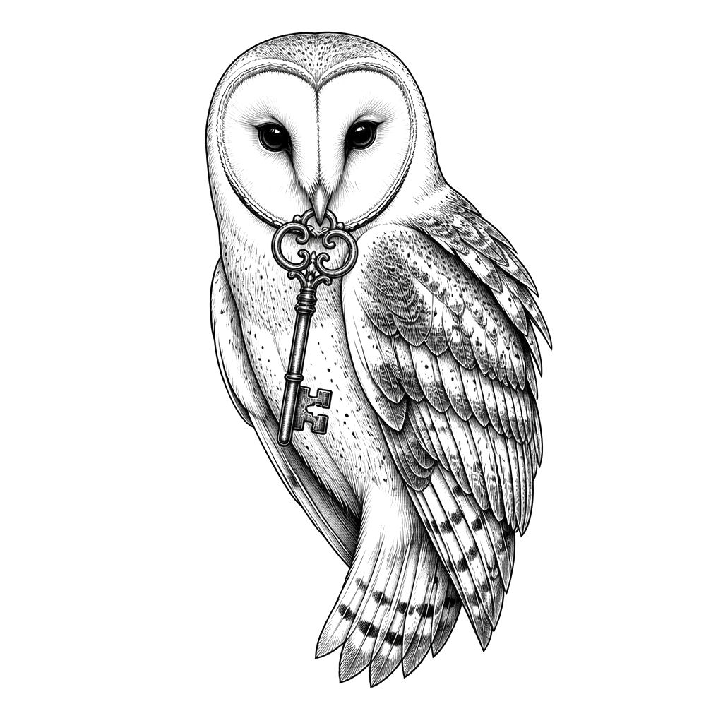 A barn owl holding an old key in its beak