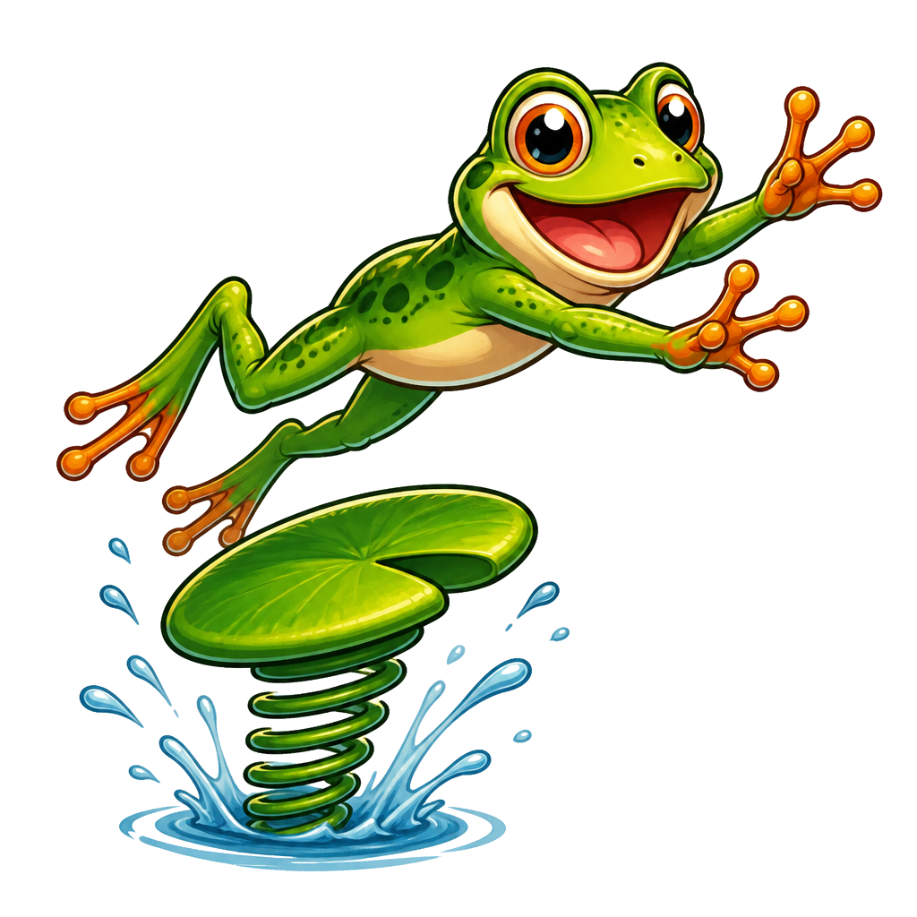 A cartoon frog leaping off a lily-pad springboard