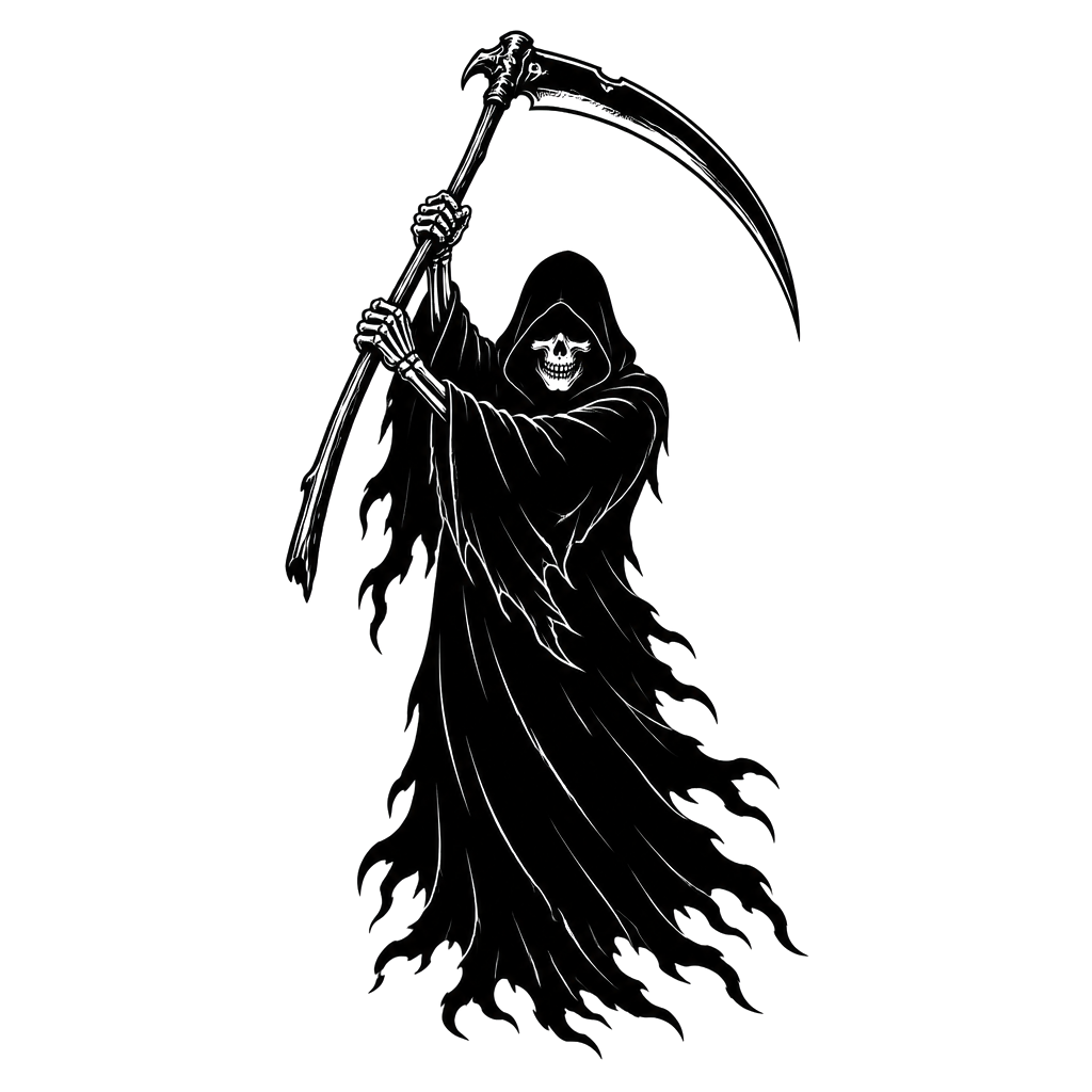 A grim reaper robed in solid black raising a scythe