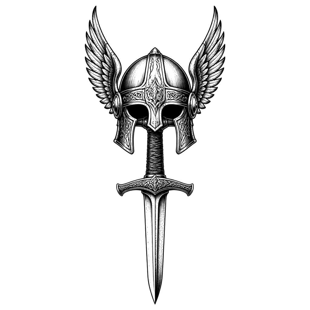 A valkyrie's winged helmet resting on a sword