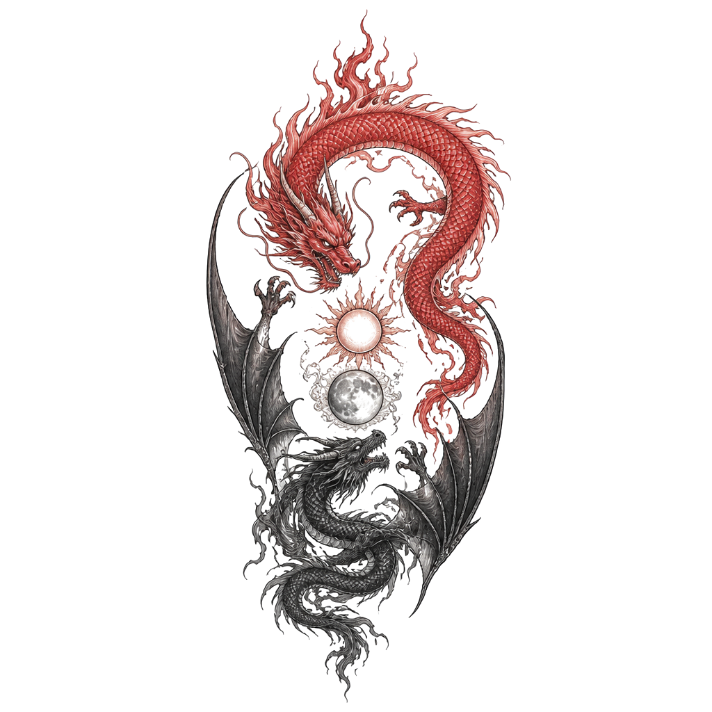 Un dragon rouge avec la queue en flamme et un dragon noir avec des ailes et plus sombre, placé à l’envers comme le ying et le yang, avec au milieu des deux dragons une lune et un soleil. Je veux qu’il soit en long et que leurs têtes soit face à face
