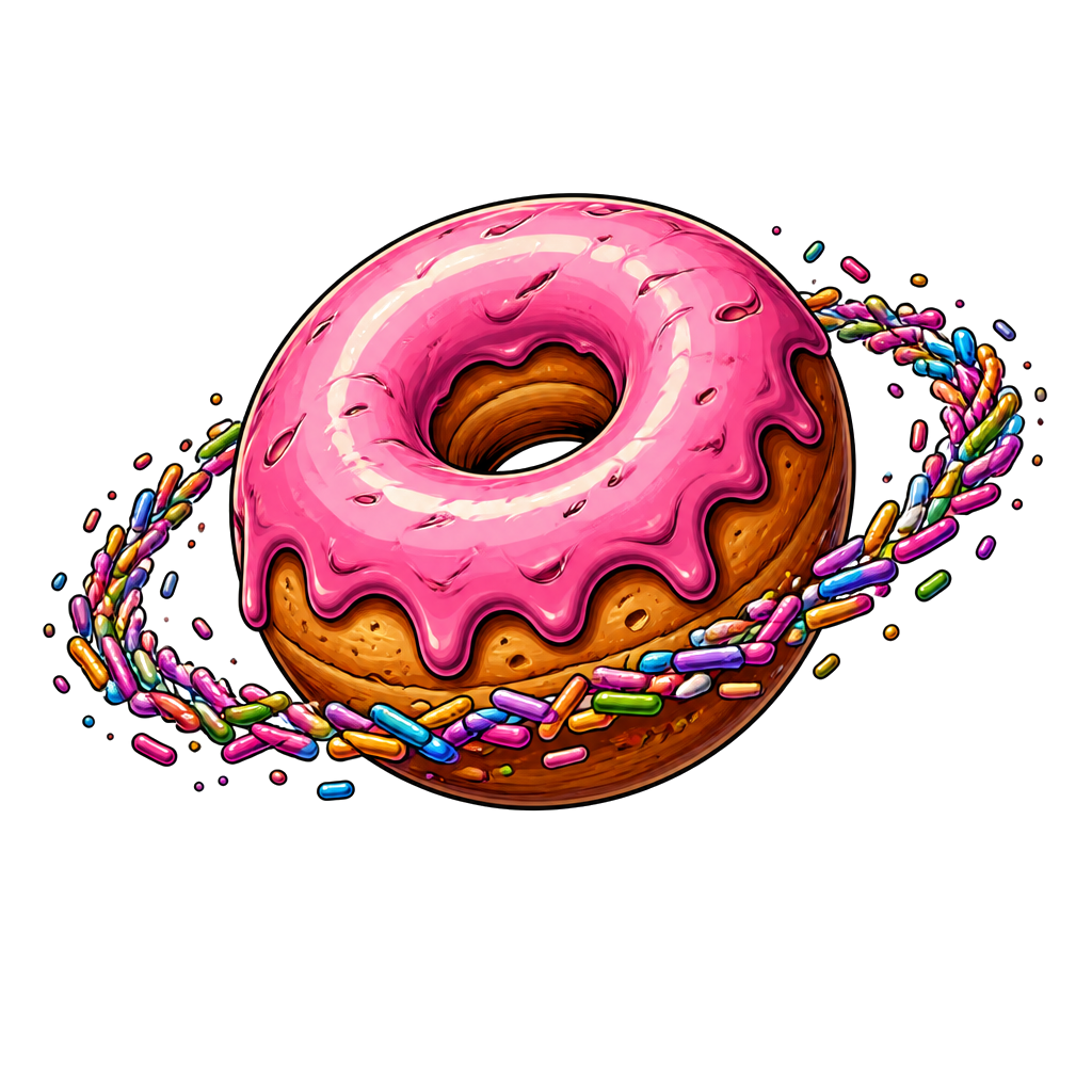 A donut planet orbited by tiny sprinkles
