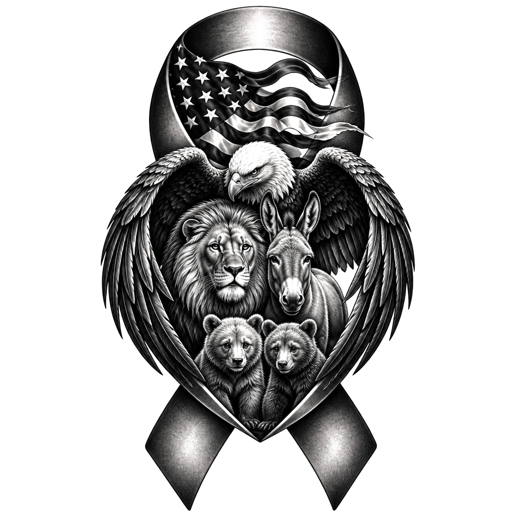 A black shaded cancer ribbon with an American flag a bald eagle, a lion ass and two grizzly Cubs under the protection of the bald eagle