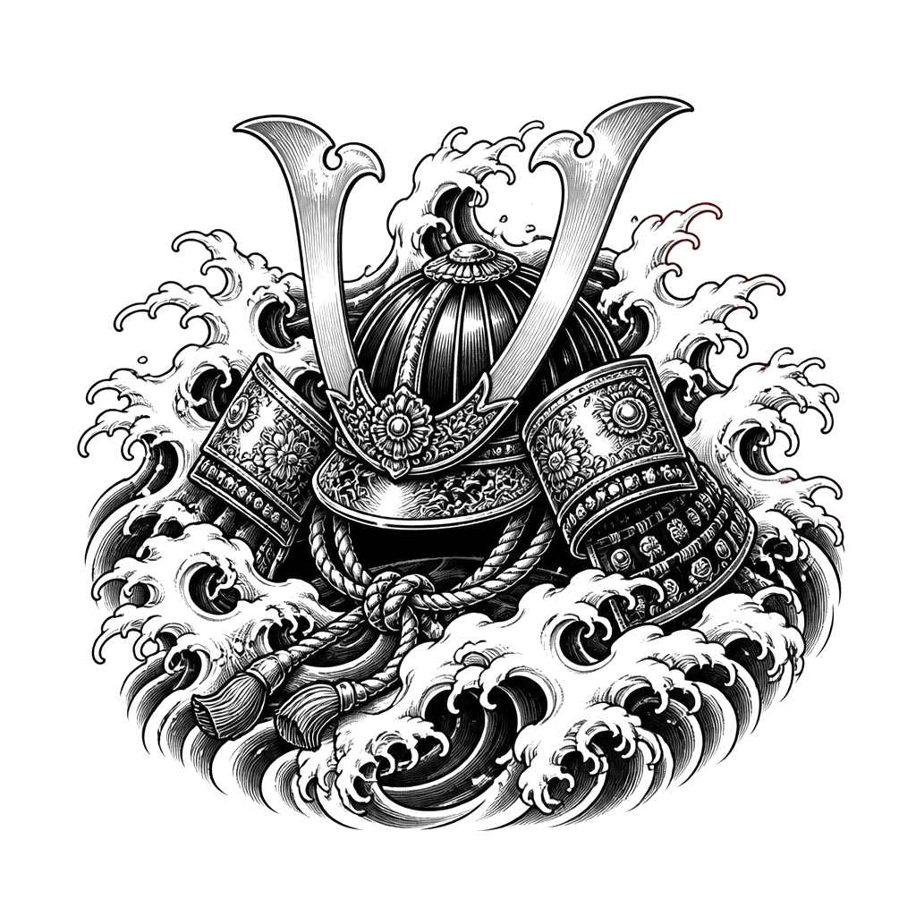 A samurai helmet resting on rolling waves