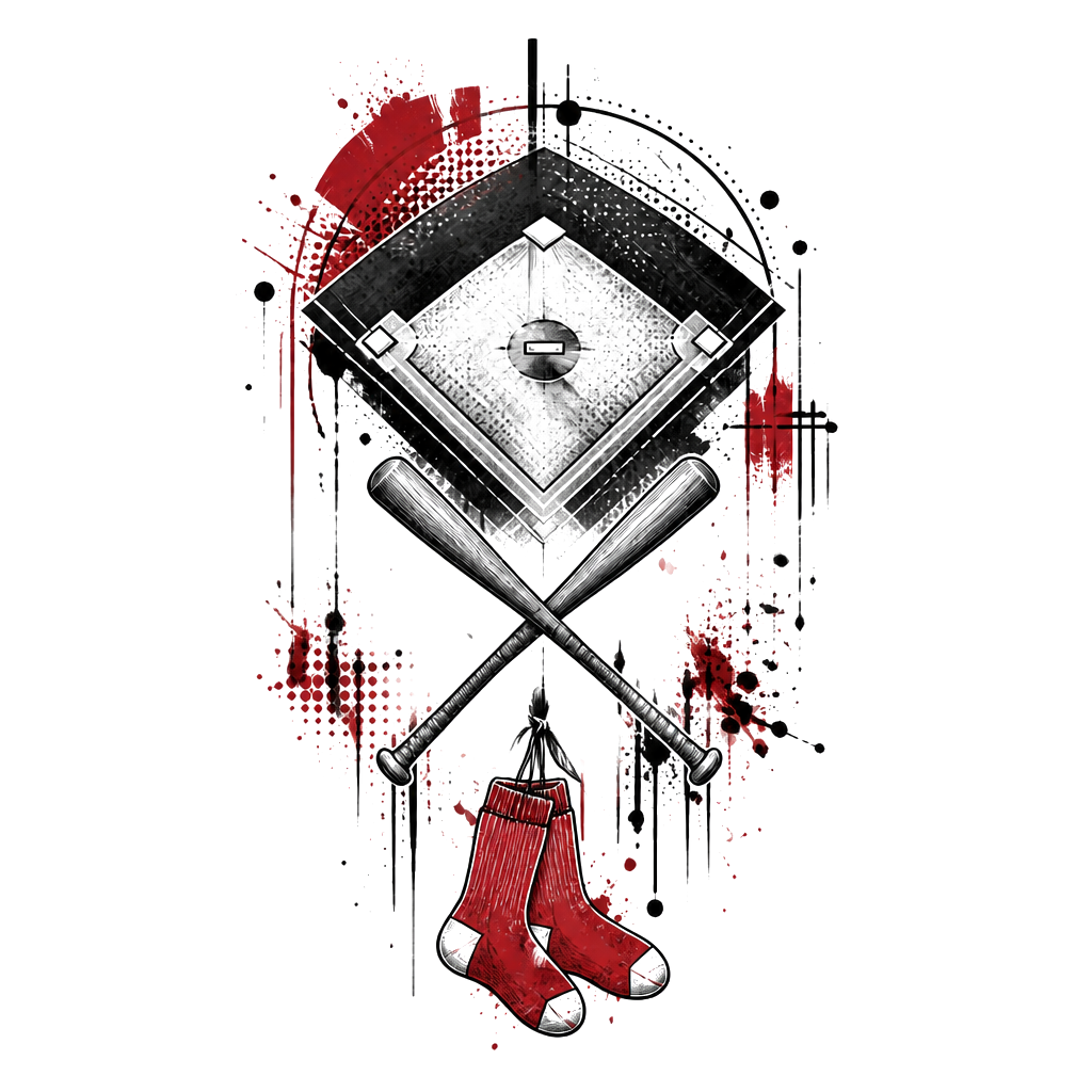 A baseball diamond with two small bats crossed beneath a subtle “G,” September’s birth flower woven around the base, and a Red Sox-inspired pair of hanging socks.
