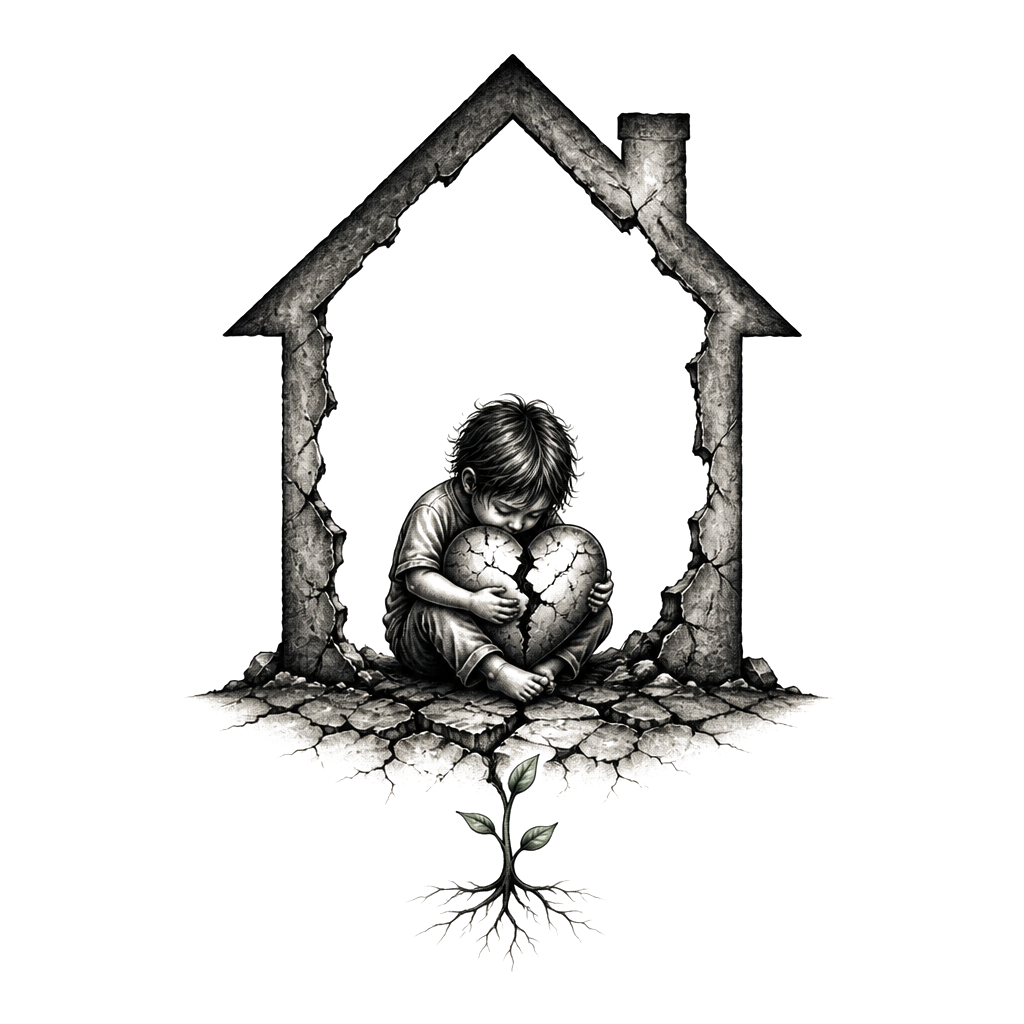 A small child sheltering a cracked heart beneath an oversized, empty house silhouette, with one resilient sprout growing through the ground below.