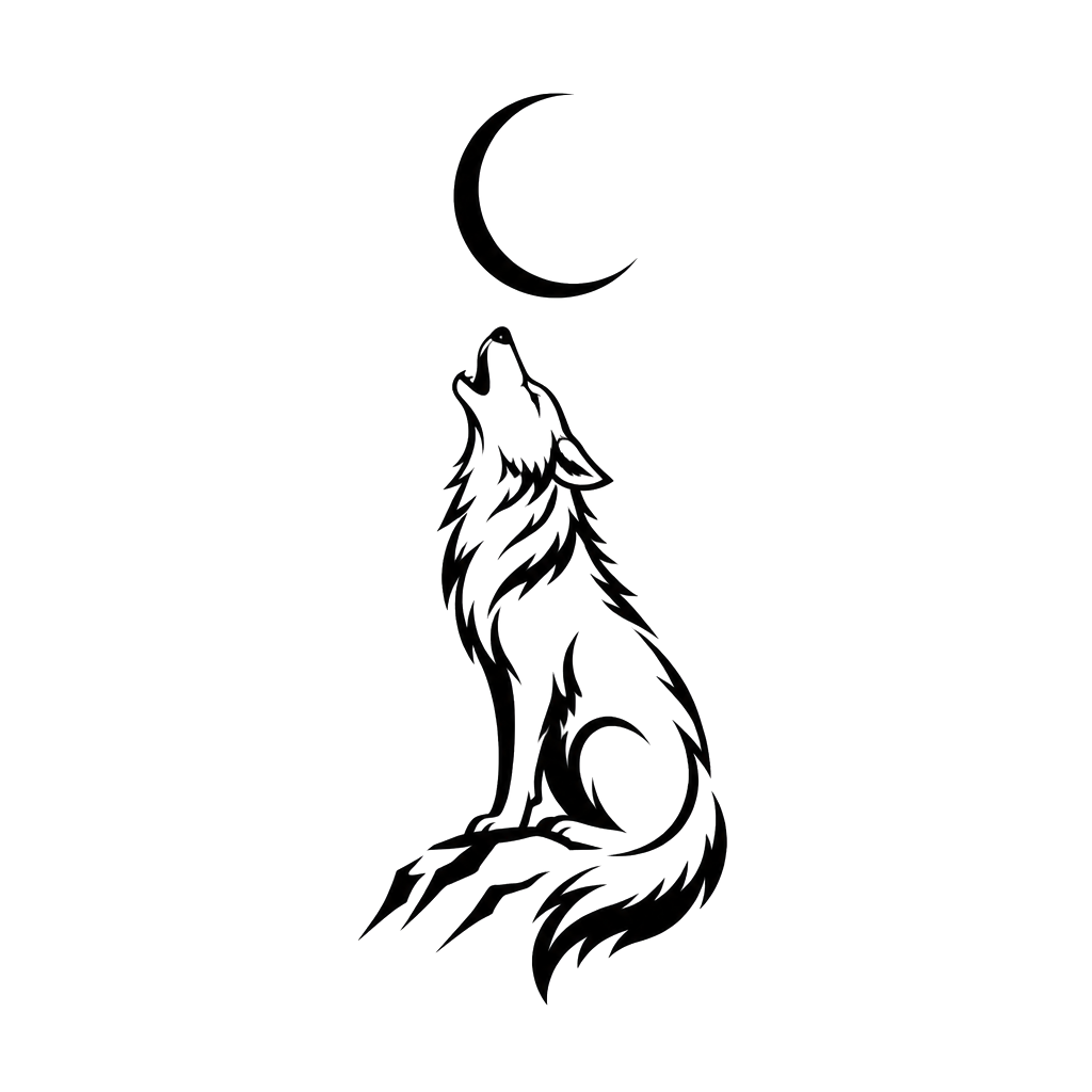 A wolf howling at a crescent moon, lots of negative space