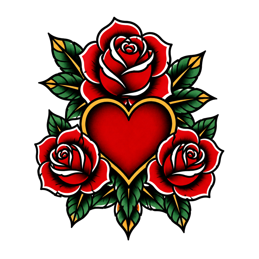 3 roses, leaves, heart,