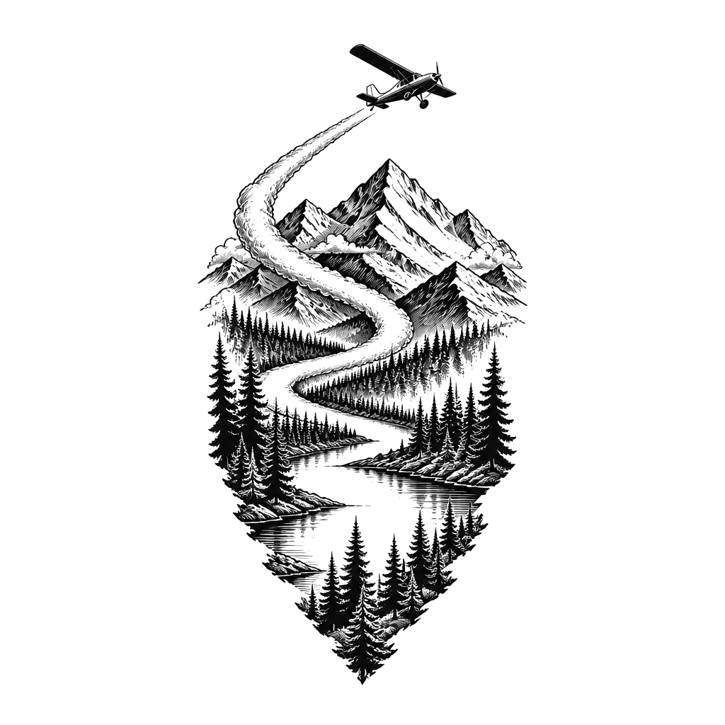 A small plane soaring over Alaska’s mountain wilderness, its contrail transforming into a winding trail through forests and along a remote lake.
