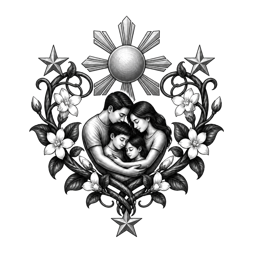 A Philippine sun and three stars encircle a family beneath a sampaguita vine, their interwoven stems forming a heart and a strong protective embrace.