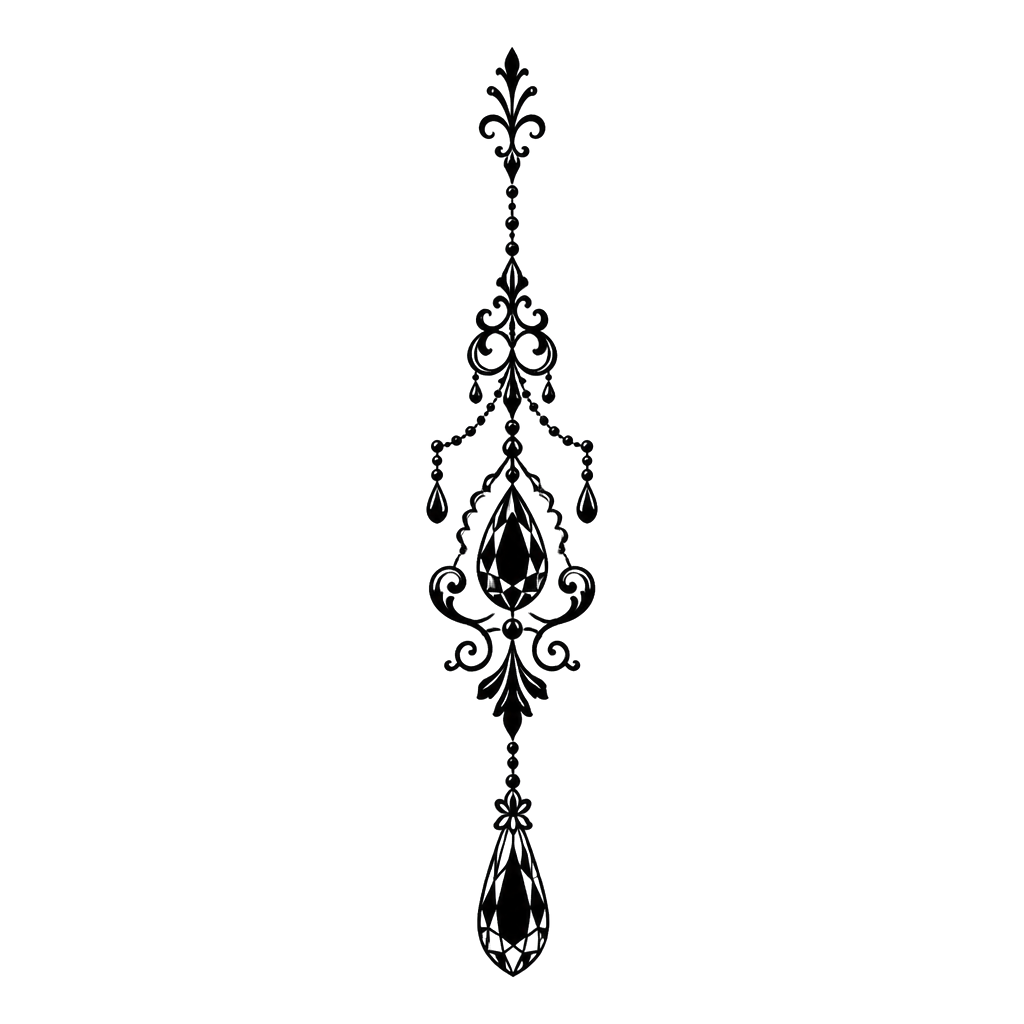 A chandelier drop pendant running down the middle finger