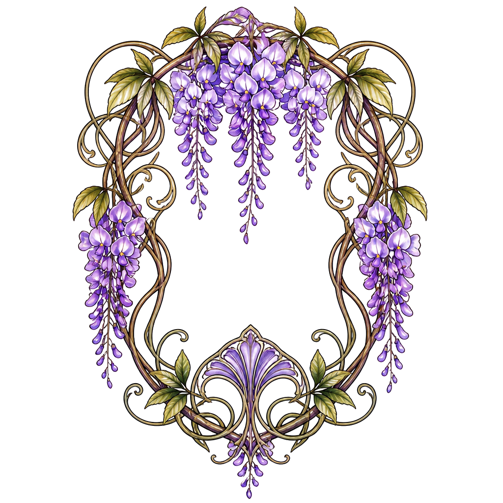 Wisteria vines curling into a decorative border