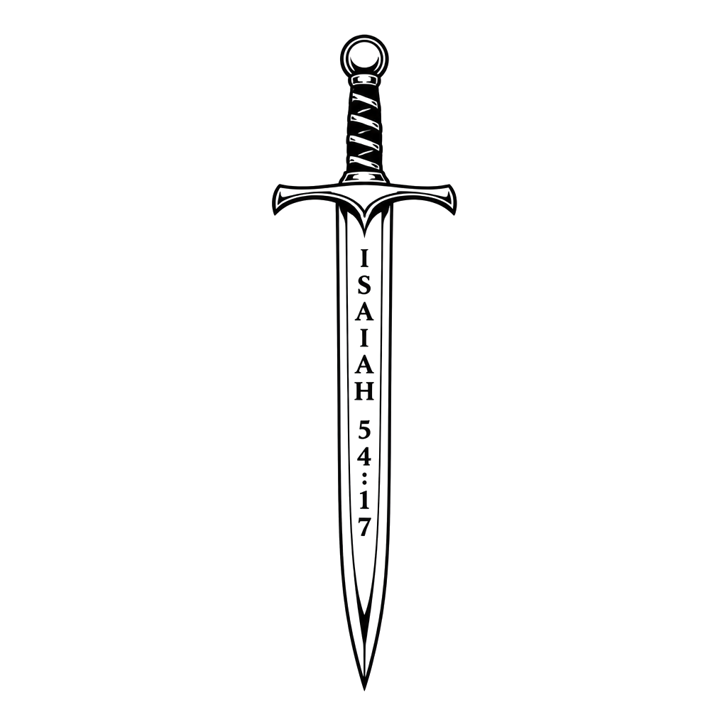 A simple sword with the words Isaiah 54:17 inside of the sword