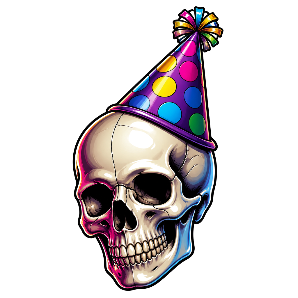 A glossy skull wearing a party hat