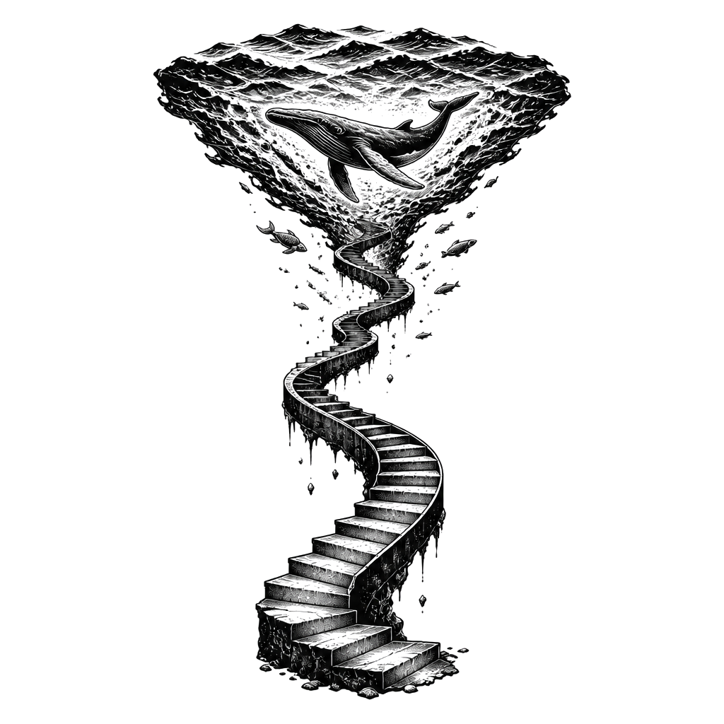 A staircase spiraling into an upside-down ocean