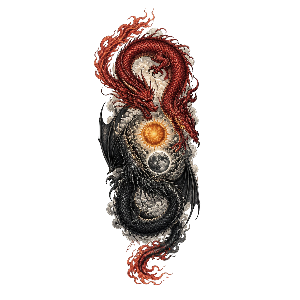 Un dragon rouge avec la queue en flamme et un dragon noir avec des ailes un peu différent et plus sombre, placé à l’envers comme le ying et le yang, avec au milieu des deux dragons une lune et un soleil. Je veux qu’il soit en long et que seul leurs têtes se croise
