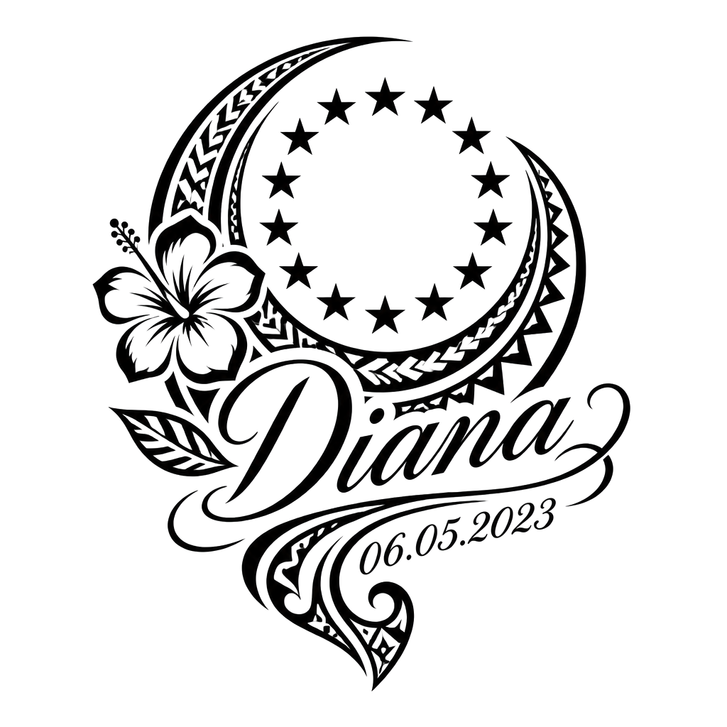 Add cook island patterns then the 15 stars in a circle plus the name : “Diana” and date “06.05.2023”