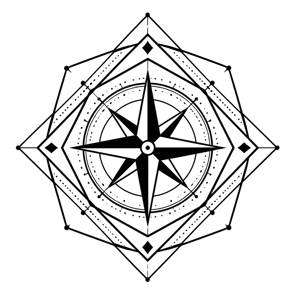 A compass rose inside nested polygons