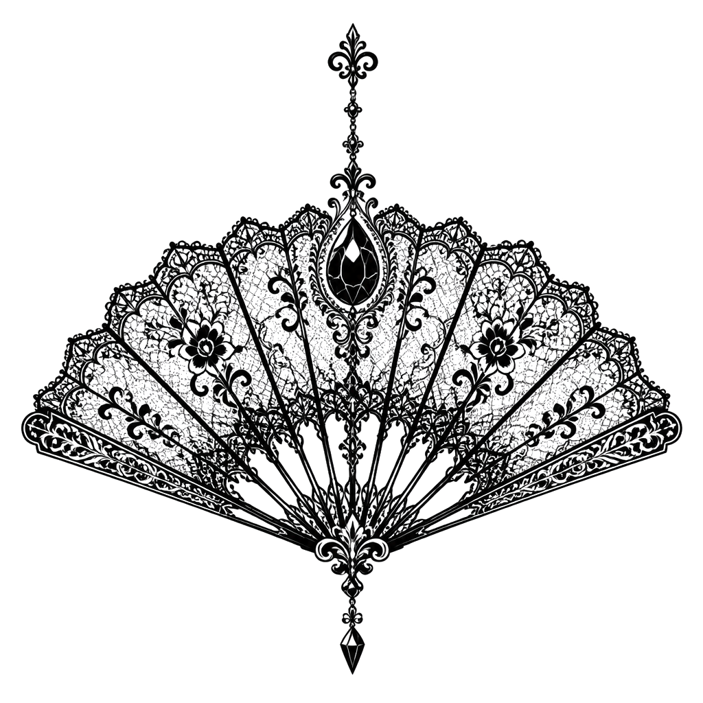 A lace fan spread beneath a hanging jewel