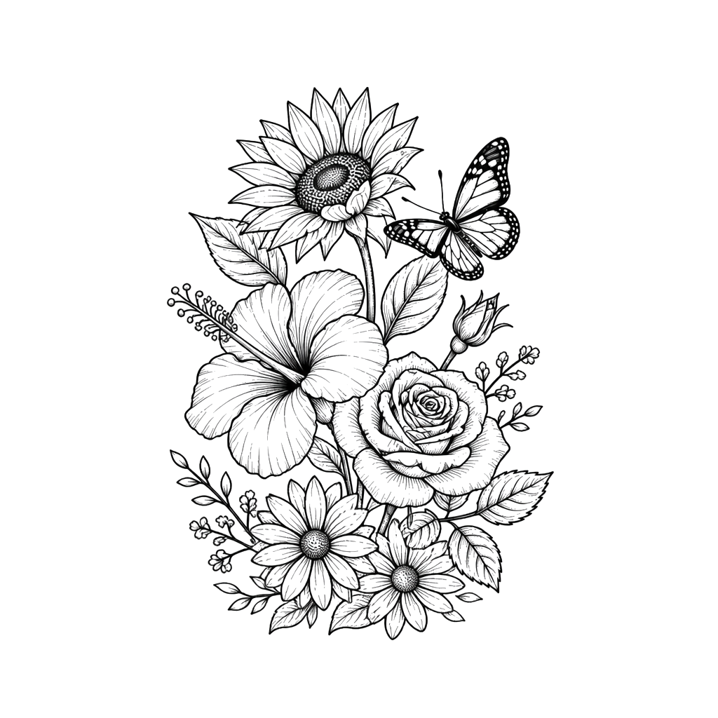 A thin bundle of sunflowers , hibiscus , roses , daises and a butterfly