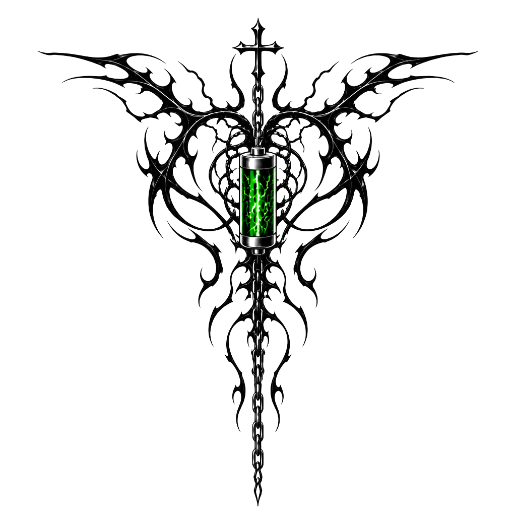 Design me a tattoo for my back that goes from shoulder blade to shoulder blade and these down into the spine with a chain hanging, and a battery powering the tattoo