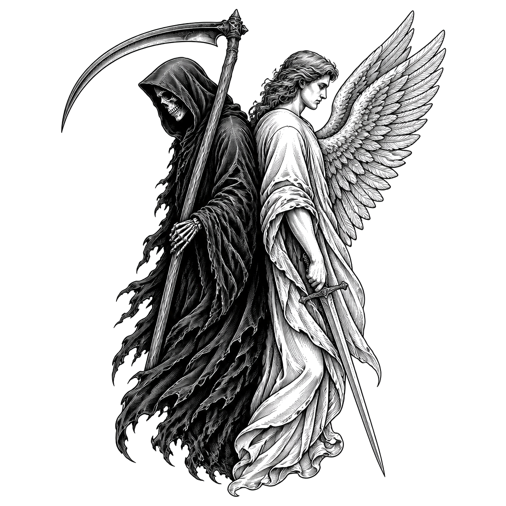 A reaper and a winged angel standing back to back