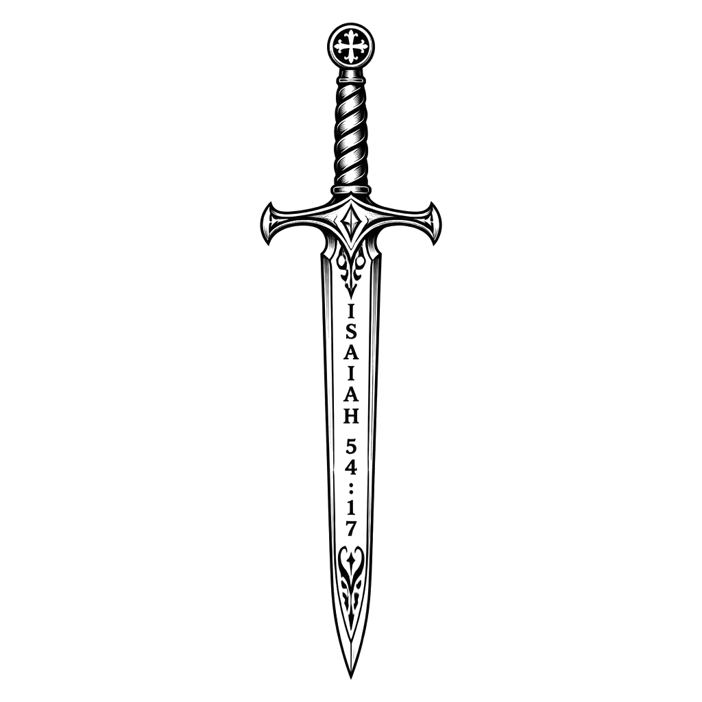 A sword with the words Isaiah 54:17 inside of the sword