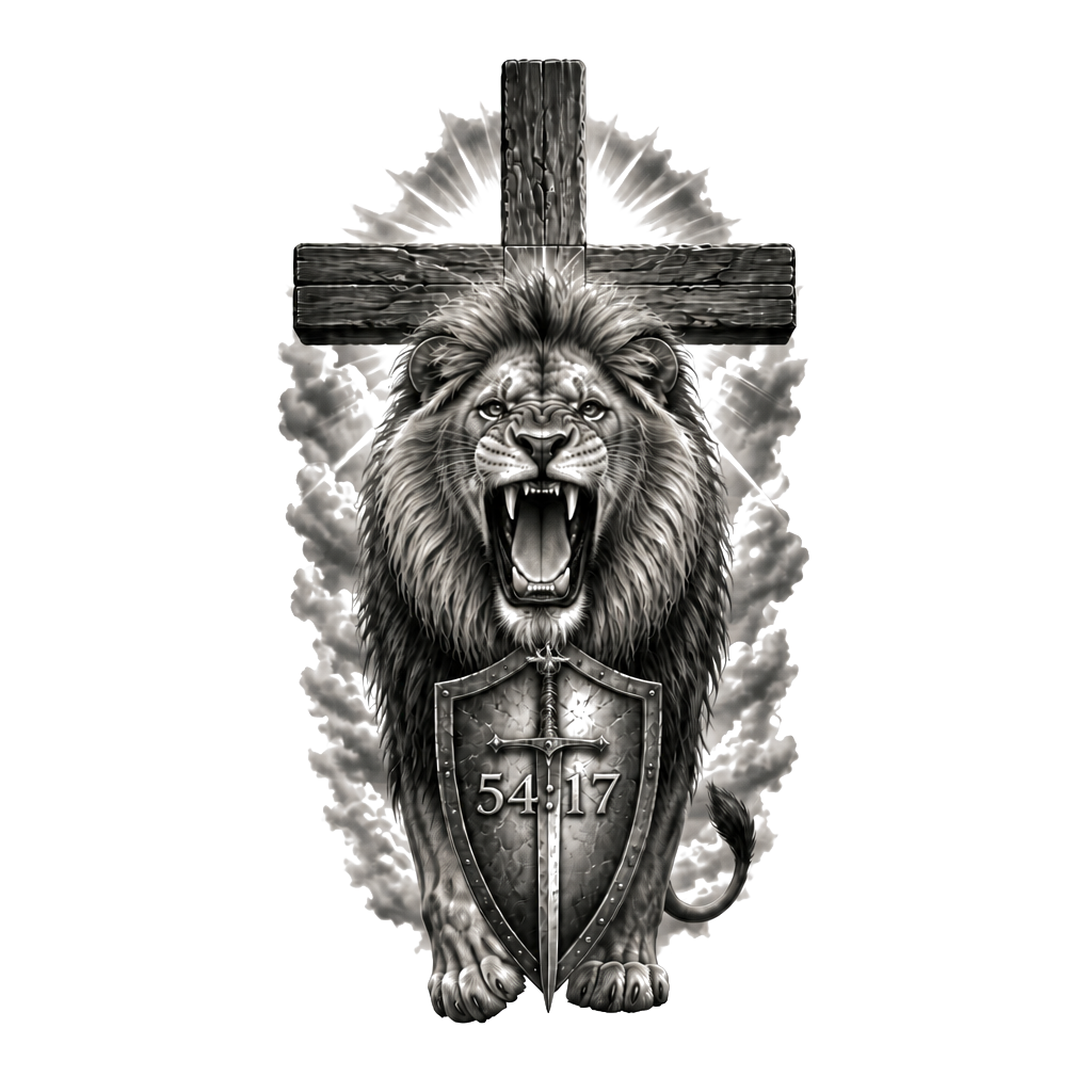 A lion with cross with Isaiah 54:17