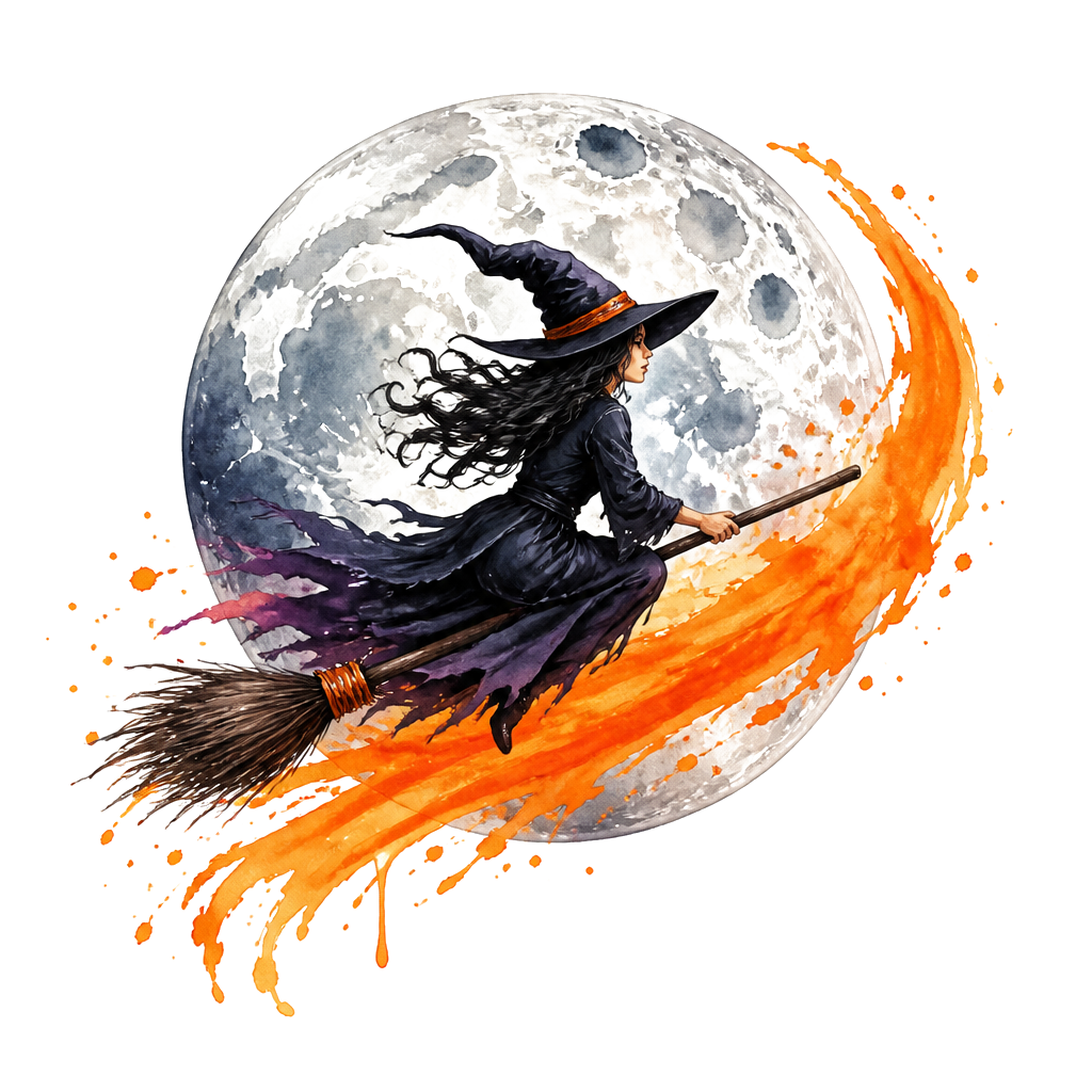 A witch on a broomstick trailing orange paint across the moon