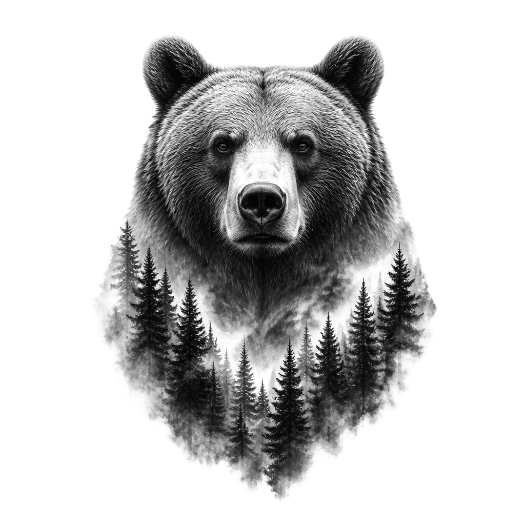 A bear's head emerging from misty pine trees