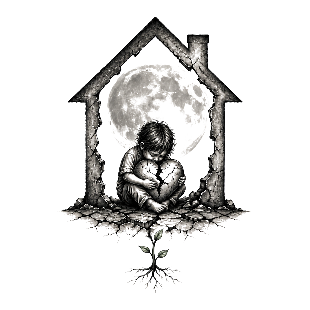 A small child sheltering a cracked heart beneath an oversized, empty house silhouette, with one resilient sprout growing through the ground below.